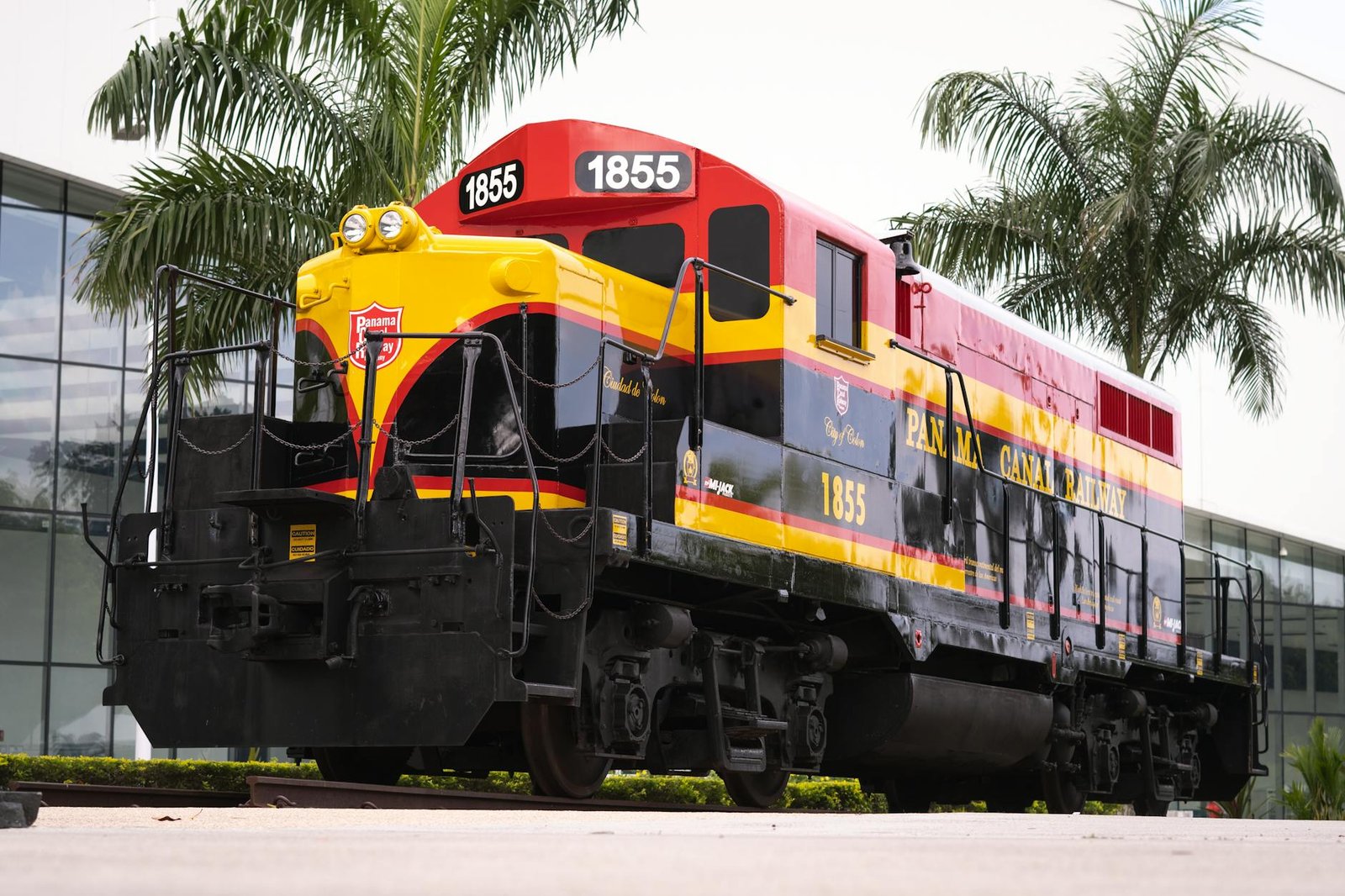 Vibrant locomotive displayed at the Panama Canal Railway in Panama City.